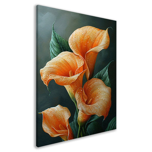 Oranje calla lelies met dauw tegen donkere achtergrond canvas