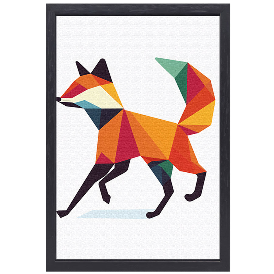 Geometrische vos in kleurrijke vlakken schilderij canvas met baklijst