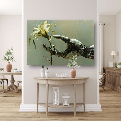 Robotische hand houdt delicate bloem vast canvas