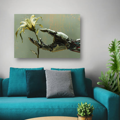 Robotische hand houdt delicate bloem vast canvas