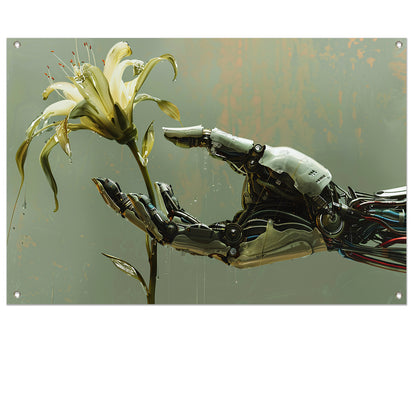 Robotische hand houdt delicate bloem vast tuinposter