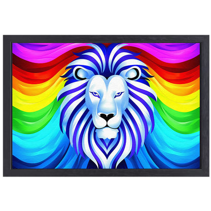 Kleurrijke abstracte leeuw met regenboog manen canvas met baklijst
