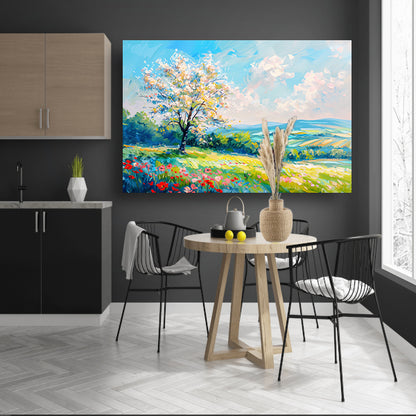 Bloeiende boom in kleurrijk lente landschap poster