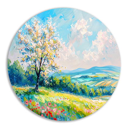 Bloeiende boom in kleurrijk lente landschap forex muurcirkel