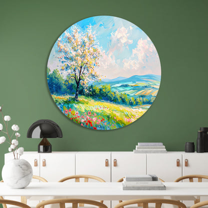 Bloeiende boom in kleurrijk lente landschap forex muurcirkel