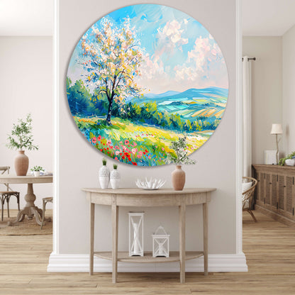 Bloeiende boom in kleurrijk lente landschap forex muurcirkel