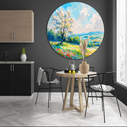 Bloeiende boom in kleurrijk lente landschap aluminium muurcirkel