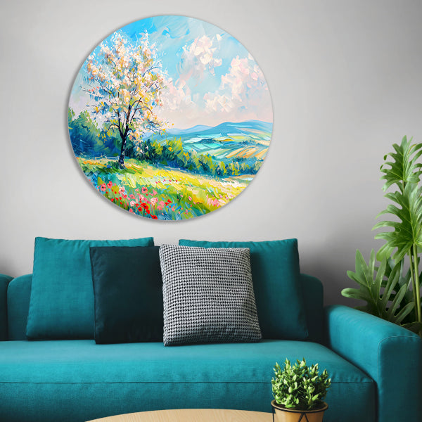 Bloeiende boom in kleurrijk lente landschap forex muurcirkel