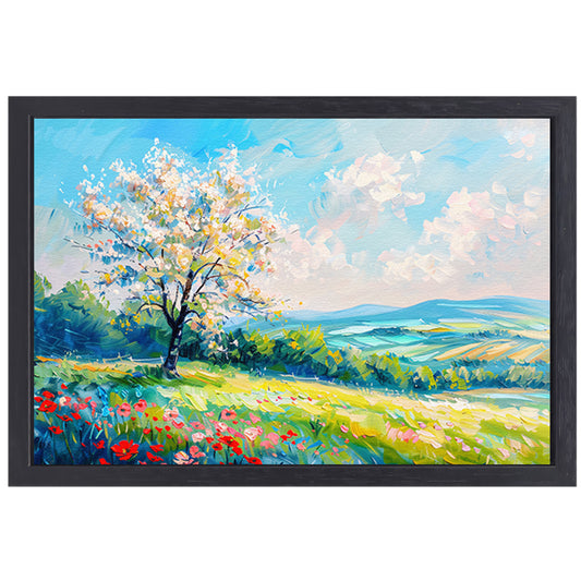 Bloeiende boom in kleurrijk lente landschap canvas met baklijst