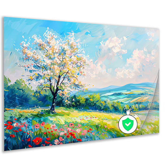 Bloeiende boom in kleurrijk lente landschap poster