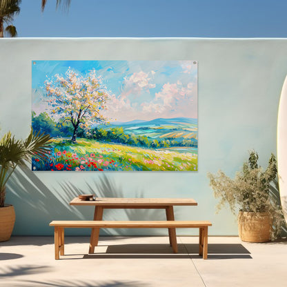 Bloeiende boom in kleurrijk lente landschap tuinposter
