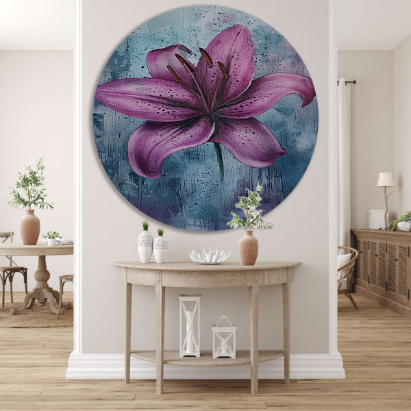 Moderne paarse lelie tegen blauwe achtergrond aluminium muurcirkel