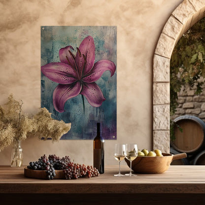 Moderne paarse lelie tegen blauwe achtergrond tuinposter