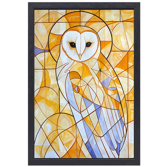 Geometrische uil schilderij in warme kleuren canvas met baklijst