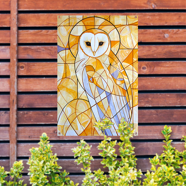 Geometrische uil schilderij in warme kleuren tuinposter