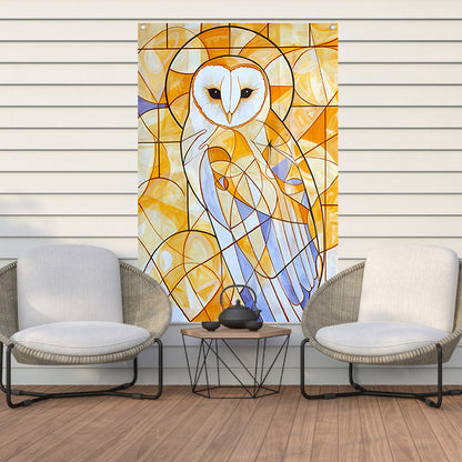 Geometrische uil schilderij in warme kleuren tuinposter