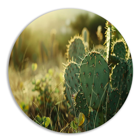 Close-up van cactusveld bij zonsopgang aluminium muurcirkel