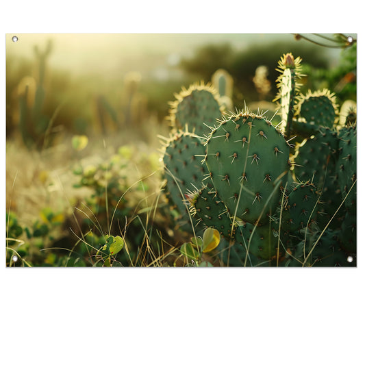 Close-up van cactusveld bij zonsopgang tuinposter