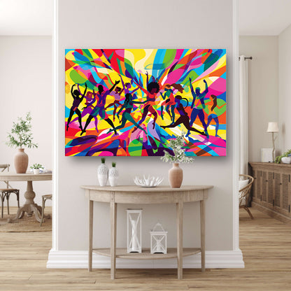 Abstracte dansers in levendige kleurenexplosie acrylglas