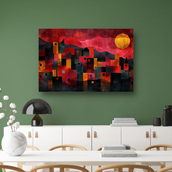 Kleurrijke skyline bij zonsondergang digitaal schilderij acrylglas