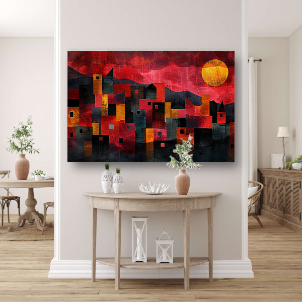 Kleurrijke skyline bij zonsondergang digitaal schilderij acrylglas