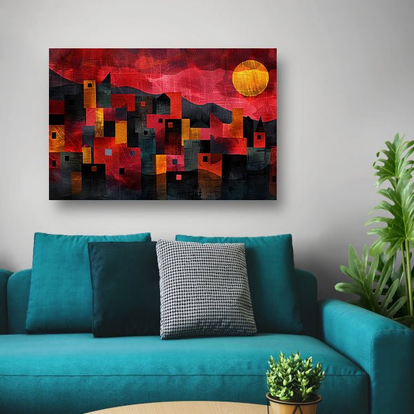 Kleurrijke skyline bij zonsondergang digitaal schilderij poster