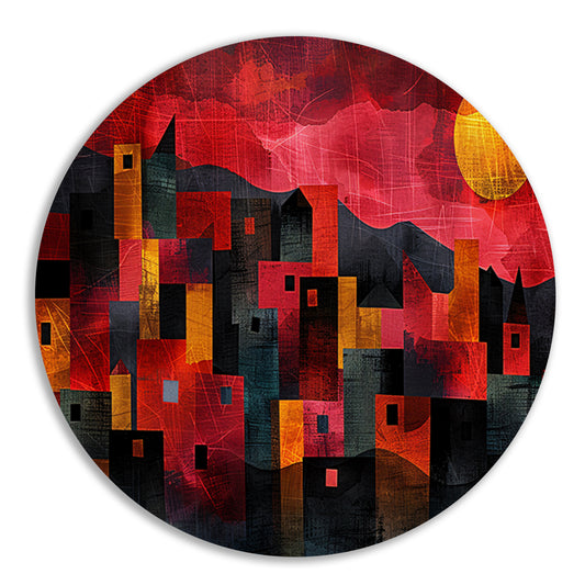 Kleurrijke skyline bij zonsondergang digitaal schilderij forex muurcirkel