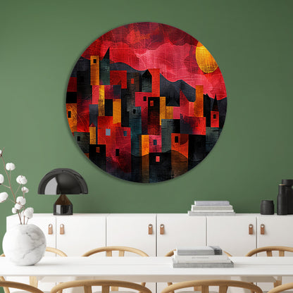 Kleurrijke skyline bij zonsondergang digitaal schilderij aluminium muurcirkel