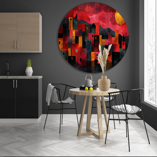 Kleurrijke skyline bij zonsondergang digitaal schilderij aluminium muurcirkel