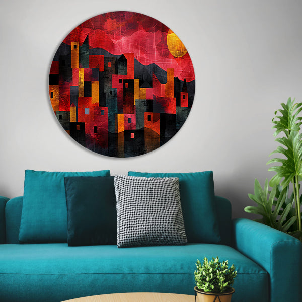 Kleurrijke skyline bij zonsondergang digitaal schilderij aluminium muurcirkel