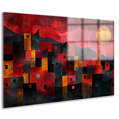 Kleurrijke skyline bij zonsondergang digitaal schilderij acrylglas