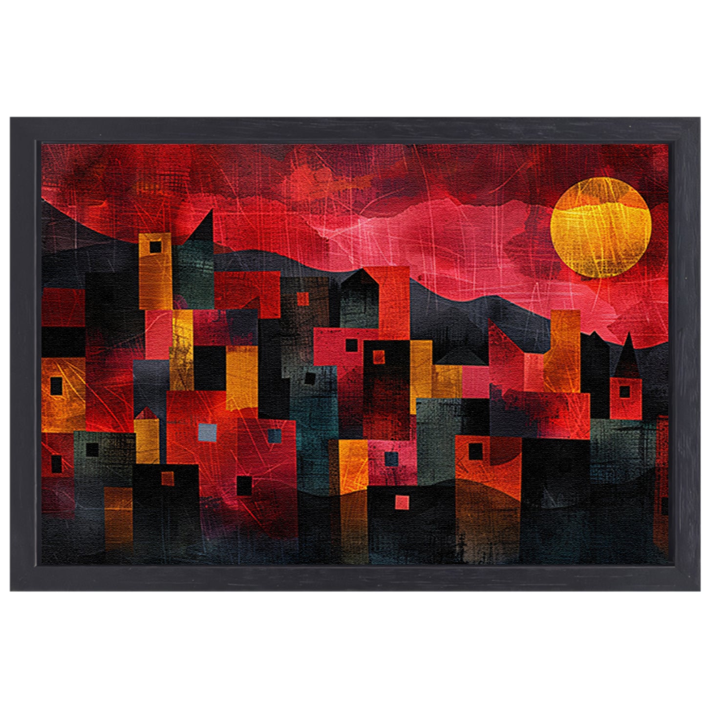 Kleurrijke skyline bij zonsondergang digitaal schilderij canvas met baklijst