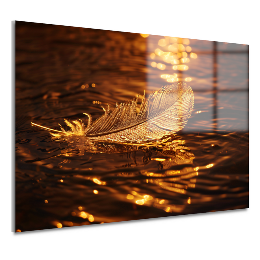 Gouden veer drijvend op water bij zonsondergang acrylglas