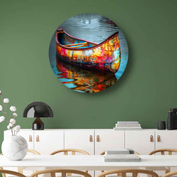 Impressionistisch waterlandschap met boot aluminium muurcirkel