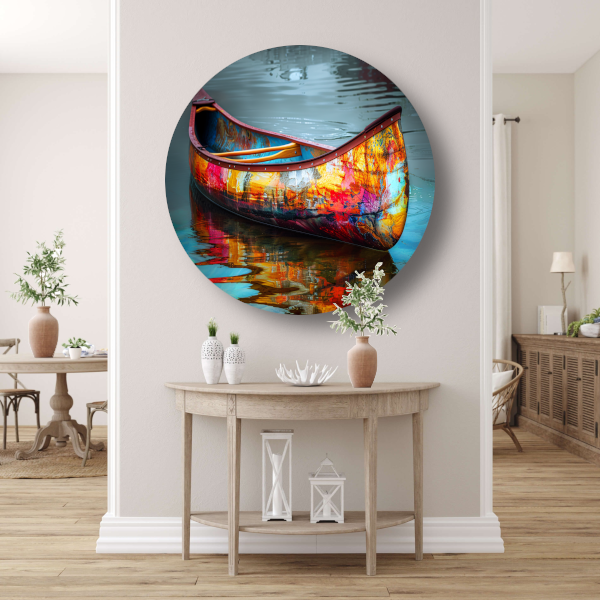 Impressionistisch waterlandschap met boot aluminium muurcirkel