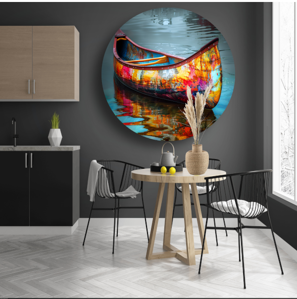 Impressionistisch waterlandschap met boot aluminium muurcirkel