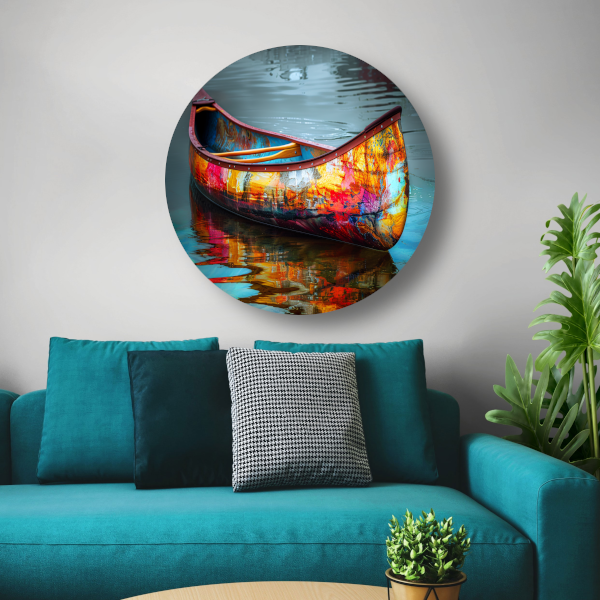 Impressionistisch waterlandschap met boot aluminium muurcirkel