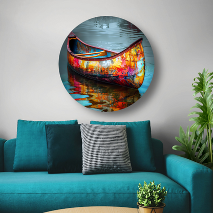 Impressionistisch waterlandschap met boot aluminium muurcirkel