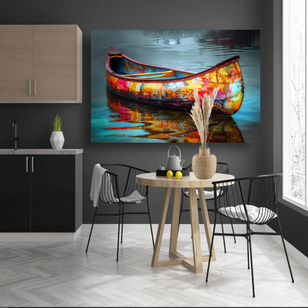 Impressionistisch waterlandschap met boot canvas met baklijst