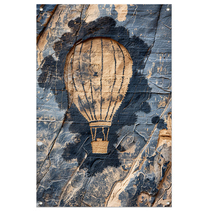 Monochrome luchtballon graffiti op verweerde muur tuinposter