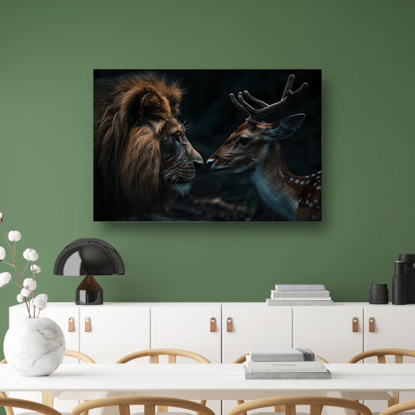 Leeuw en hert in een donker bos canvas met baklijst