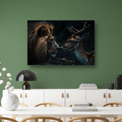 Leeuw en hert in een donker bos canvas met baklijst