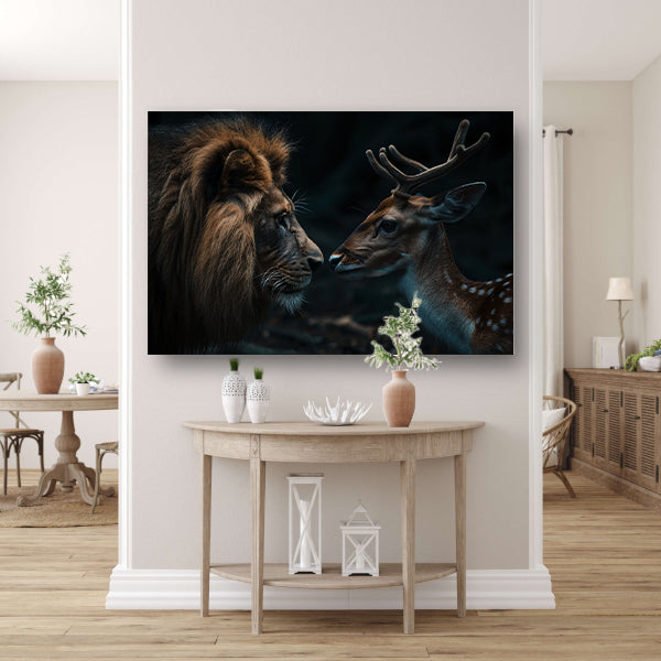 Leeuw en hert in een donker bos canvas met baklijst