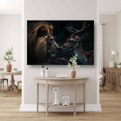 Leeuw en hert in een donker bos canvas met baklijst