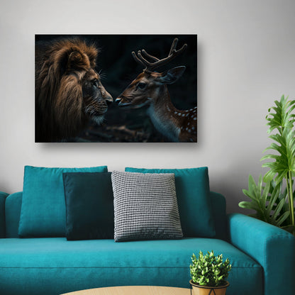 Leeuw en hert in een donker bos canvas met baklijst