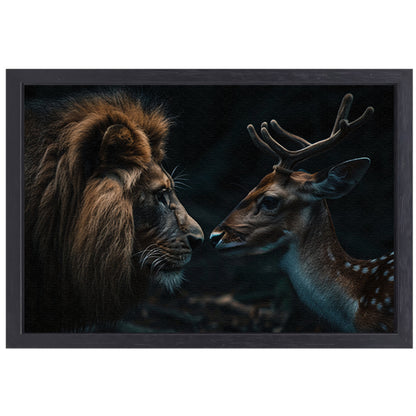 Leeuw en hert in een donker bos canvas met baklijst