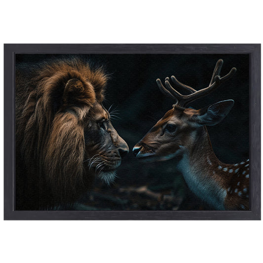Leeuw en hert in een donker bos canvas met baklijst