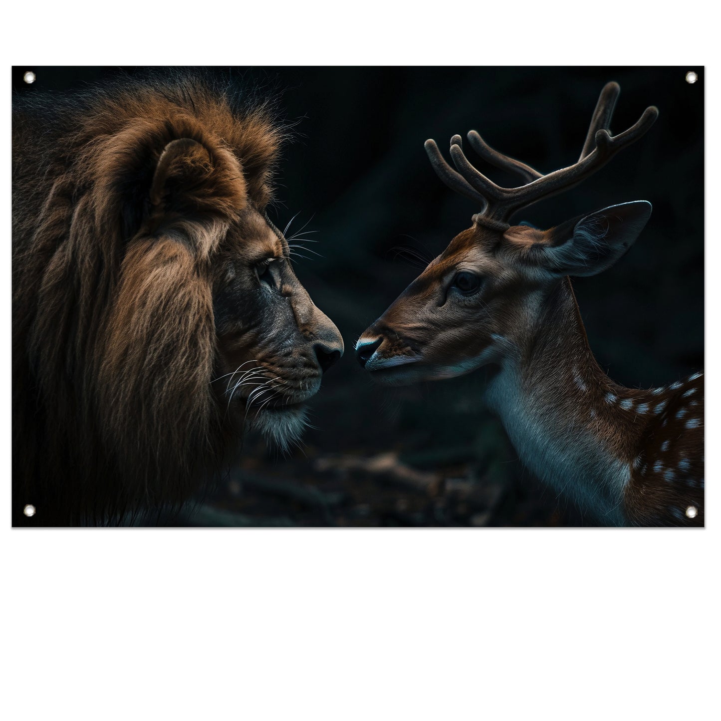 Leeuw en hert in een donker bos tuinposter