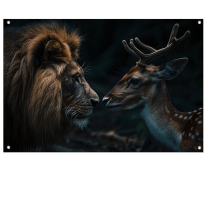 Leeuw en hert in een donker bos tuinposter