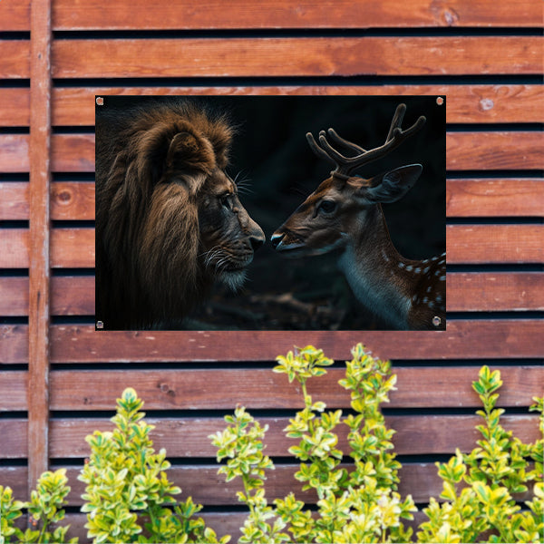 Leeuw en hert in een donker bos tuinposter